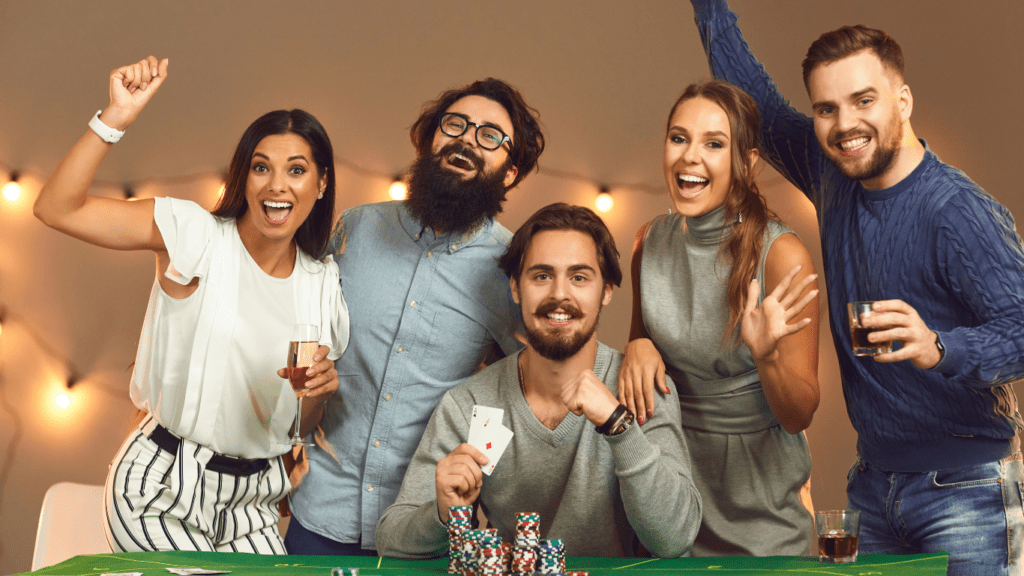 a group of friends playing poker at a casino table